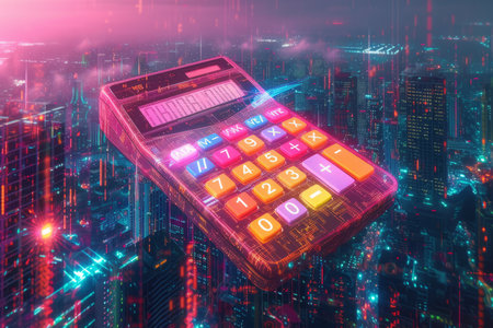 Calculator floating above the cityの素材