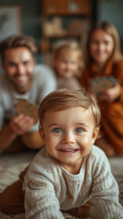 Photo pour An adorable toddler with blue eyes and blond hair smiles at the camera while crawling on the floor with his family in the background - image libre de droit