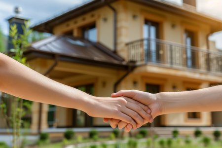 Two people of different ethnicities shaking hands in front of a houseの素材