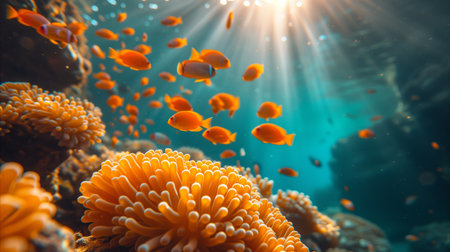 A vibrant coral reef with a variety of colorful fish swimming around it