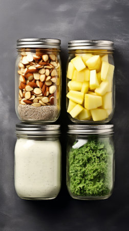 Four mason jars filled with healthy foodの素材