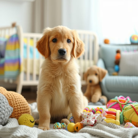 A Golden Retriever puppy sits on a blanket in a room full of toysの素材