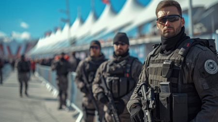 Turkish police special forces officers with guns guard a marathonの素材