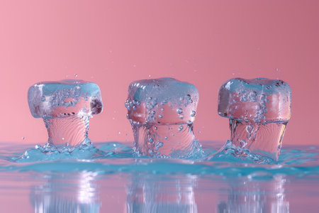 Three ice cubes floating on water with a pink backgroundの素材