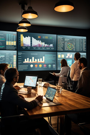 Business people discussing data and information shown on large monitors during a meeting in a modern officeの素材