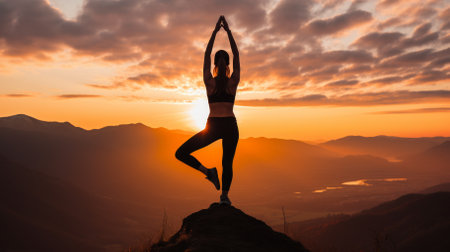 Woman practicing yoga on a mountaintop at sunsetの素材