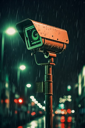 Surveillance camera in the rain at nightの素材