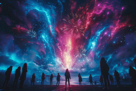 People watching fireworks on the beachの素材