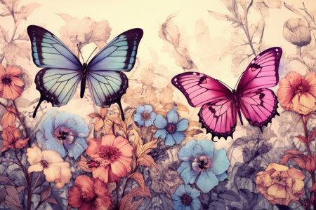 Two butterflies of different colors on a background of flowersの素材