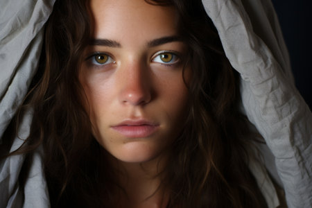 Portrait of a young woman with brown hair and green eyes wearing a white headscarfの素材