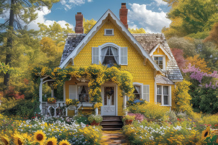 Small yellow cottage with lots of flowersの素材