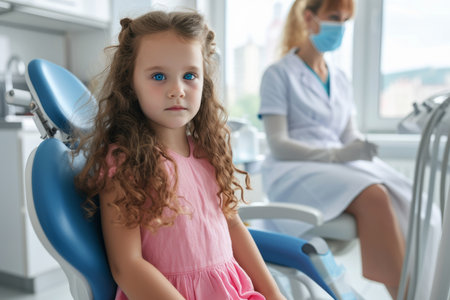 Little girl sitting in a dentist chair with a dentist in the backgroundの素材