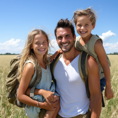Happy family of three in a wheat fieldの素材
