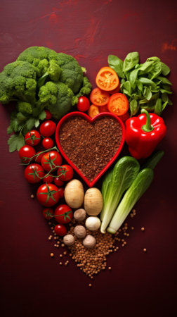 A variety of vegetables and spices arranged in the shape of a heart on a red backgroundの素材