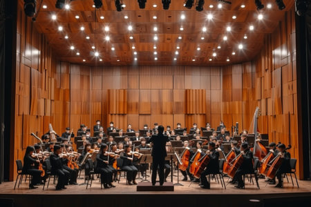 A large orchestra is performing on stage with the conductor in front of themの素材