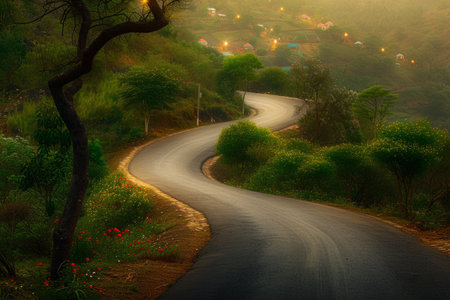 A winding road through a lush green forestの素材