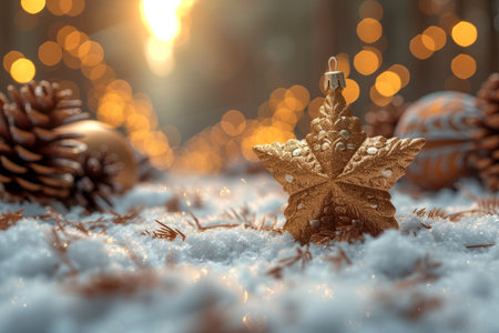 Golden Christmas Ornament in the Snowの素材