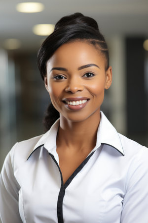 Portrait of a smiling young African-American woman in a white shirtの素材