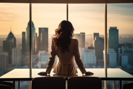 Businesswoman looking at cityscape from office windowの素材