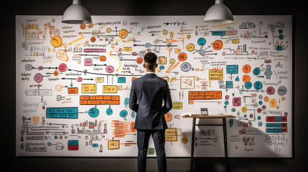 Businessman in suit looking at a complex business strategy plan on a whiteboard in the boardroomの素材