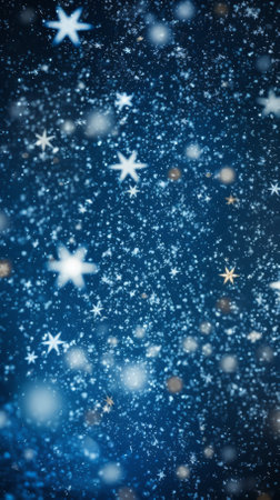 Blue Glittery Snowflakes Falling on Dark Backgroundの素材