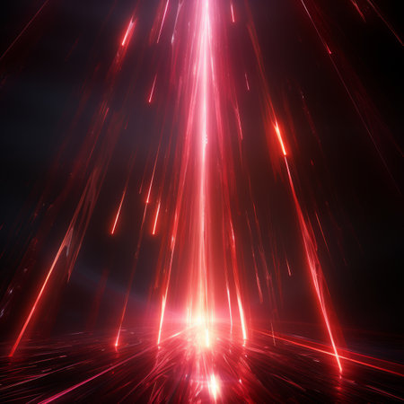 Red laser beam lights in a dark backgroundの素材