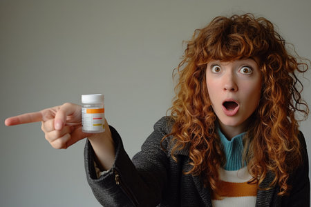 Surprised young woman holding a bottle of pillsの素材