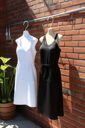 Two mannequins wearing white and black dressesの素材