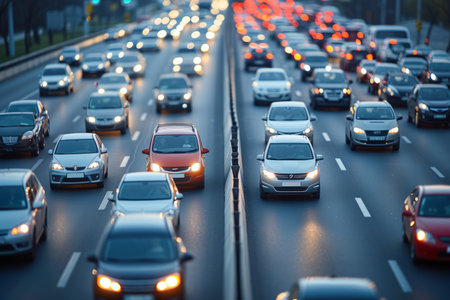 Rush hour traffic jam with cars on a busy highway during sunsetの素材