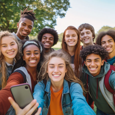 A group of diverse teenagers take a selfie together outdoorsの素材