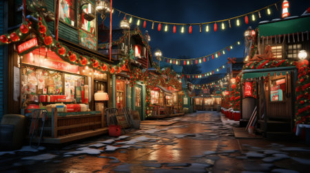 A snowy street with Christmas decorationsの素材