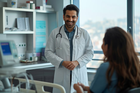 Smiling middle eastern male doctor wearing white coat and stethoscope standing in hospital room talking to female patientの素材