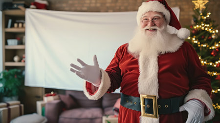 Happy Santa Claus Waving Hand with Christmas Tree in the Backgroundの素材