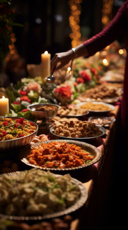 A lavish buffet table filled with a variety of delicious food and a hand holding a silver spoonの素材