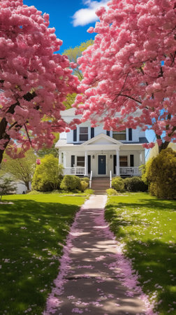 A beautiful suburban house surrounded by pink cherry blossom treesの素材