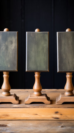 Three wooden signs with a dark green background on a wooden tableの素材