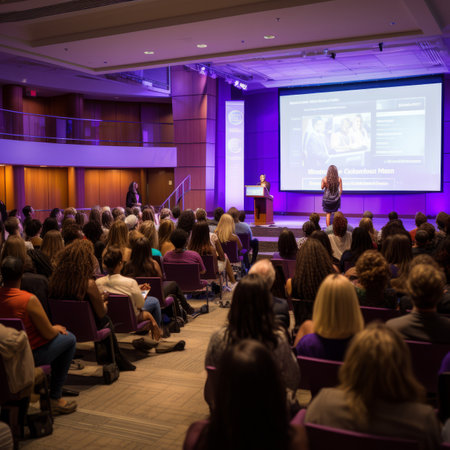 African American woman giving presentation in auditorium full of peopleの素材
