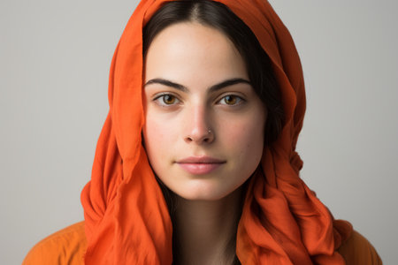 Portrait of a young woman wearing an orange headscarfの素材