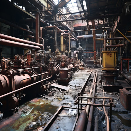 rusty abandoned factory building interior with broken machinesの素材