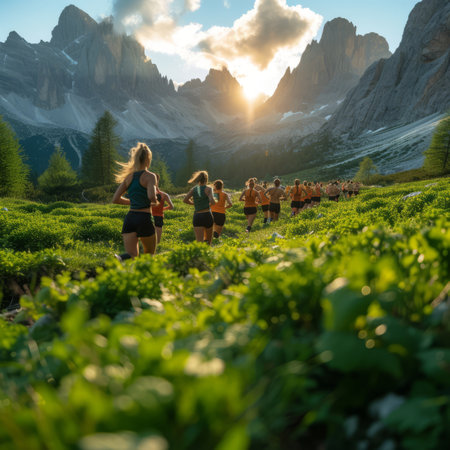 A group of people running in a mountain field at sunsetの素材