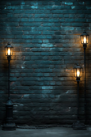 Three vintage street lamps against a brick wall backgroundの素材