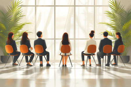 A group of people sitting in chairs in a waiting roomの素材