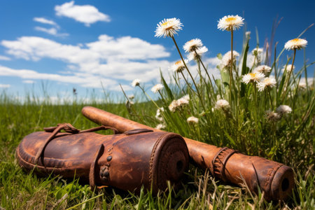 An image of a leather case with a strap lying on the grass with white flowers in the backgroundの素材