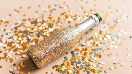 Gold glitter champagne bottle with confettiの素材