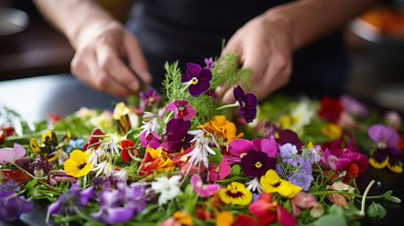 Chef carefully arranging edible flowers on a plateの素材
