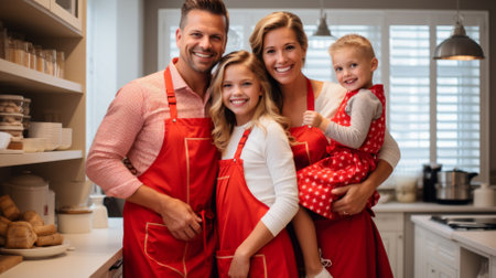 Happy family of four in the kitchen wearing aprons and smilingの素材