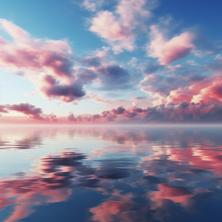 Pink clouds reflecting on the surface of the waterの素材