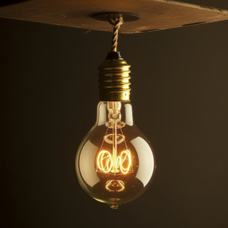 Vintage tungsten light bulb hanging from a ropeの素材