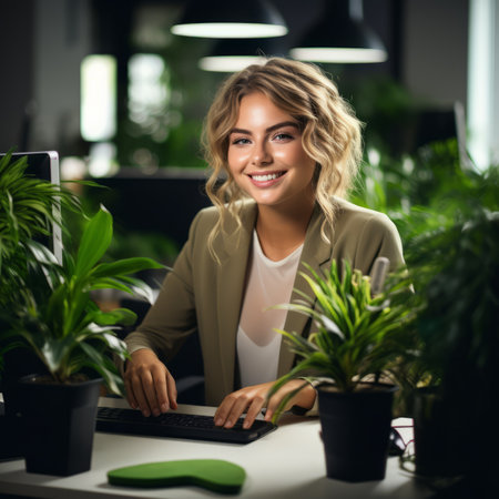 Confident businesswoman working in a green officeの素材