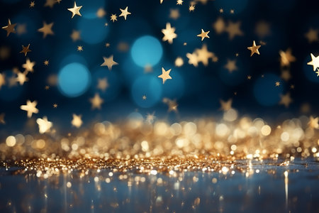 Golden stars falling on blue background with shiny gold glitterの素材